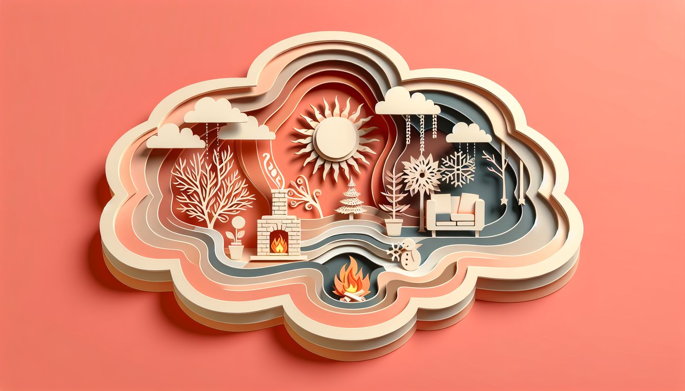 Paper art illustration for seasonal depression quiz on a coral background