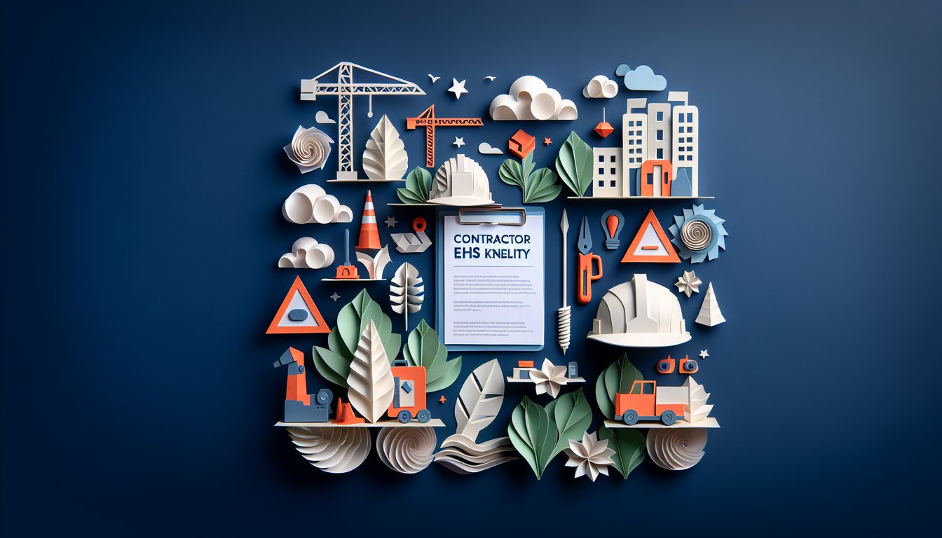 Colorful paper art depicting a quiz on Contractor EHS Knowledge Test