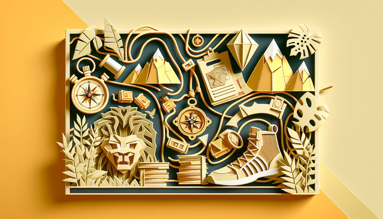 paper art layers of book pages compass footprints with run for your life quiz text on golden yellow background