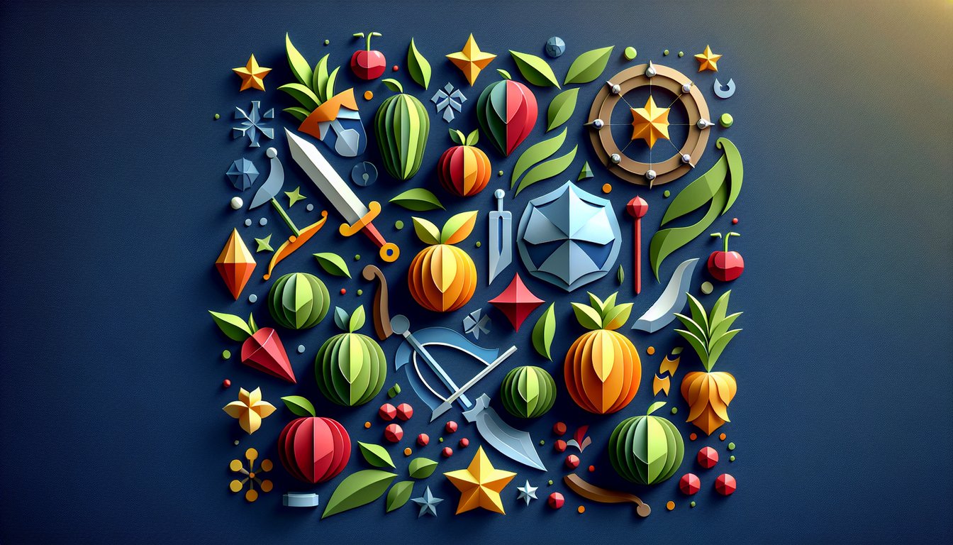Paper art illustration for Blox Fruits quiz testing knowledge of fruit powers and combat tactics on dark blue background