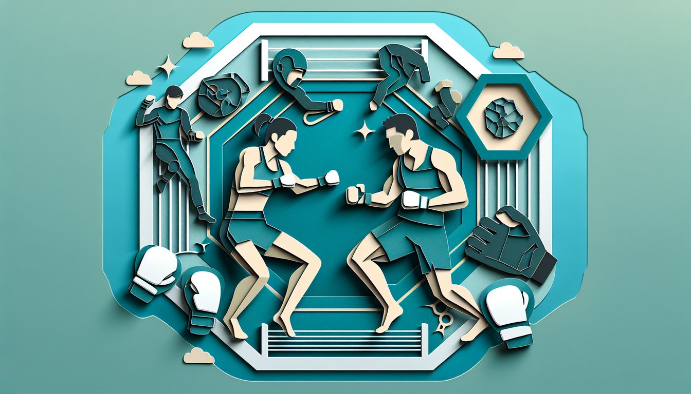 Paper art UFC fighter punching through layered paper shapes on teal background for fighter spirit quiz