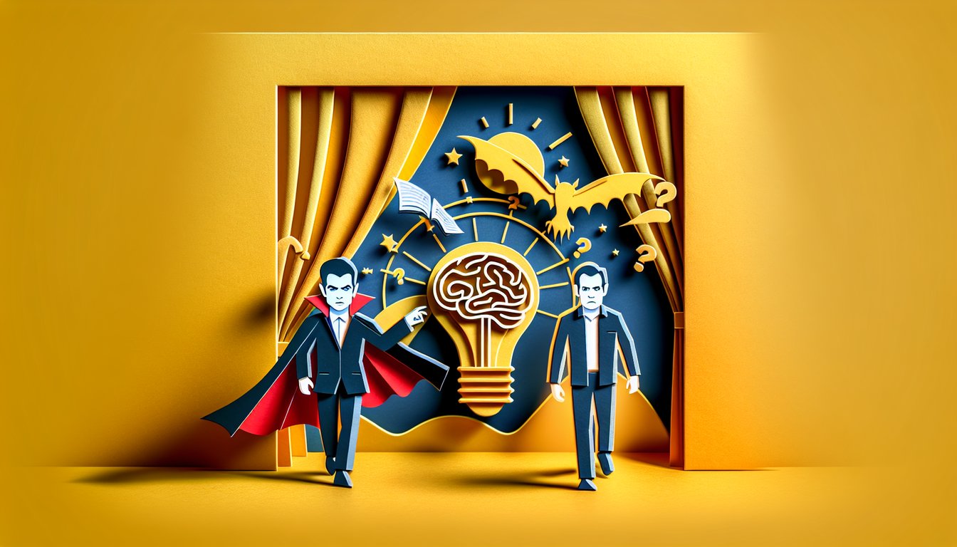 Layered paper cut silhouettes of a vampire with fangs and a pensive telepath against a golden yellow backdrop