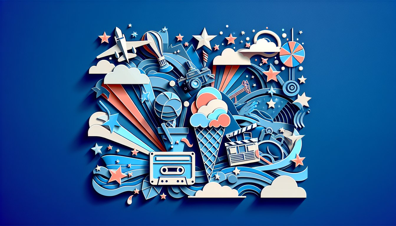 Paper art quiz banner for Victorious trivia with layered nut blast ice cream cutout on dark blue background