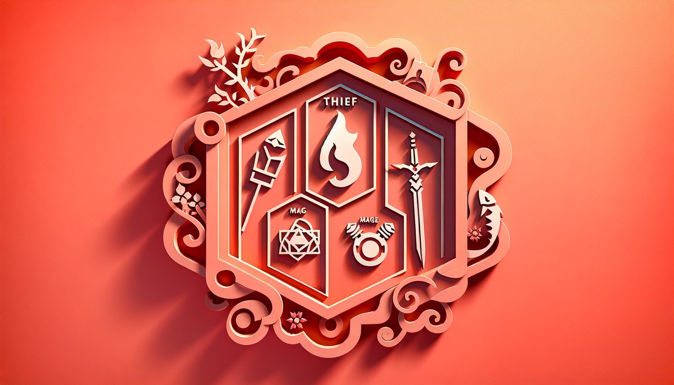 Paper art style quiz illustration with cutout warrior thief and mage icons layered on coral background.