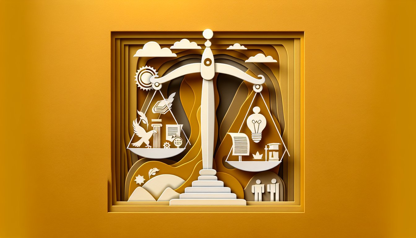 Paper art quiz illustration with liberal and conservative profiles separated by question mark on golden yellow background.