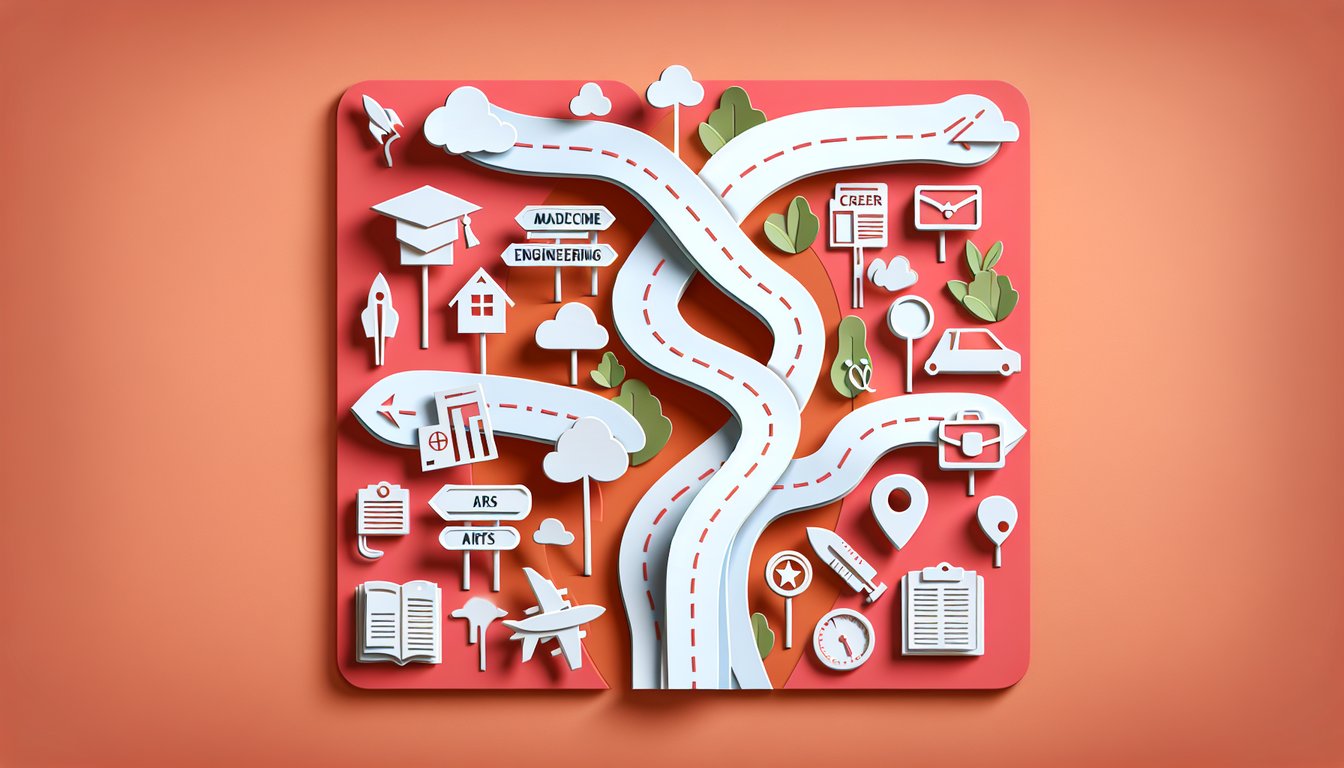 paper art illustration for post high school quiz showing career icons rising from open book, coral background