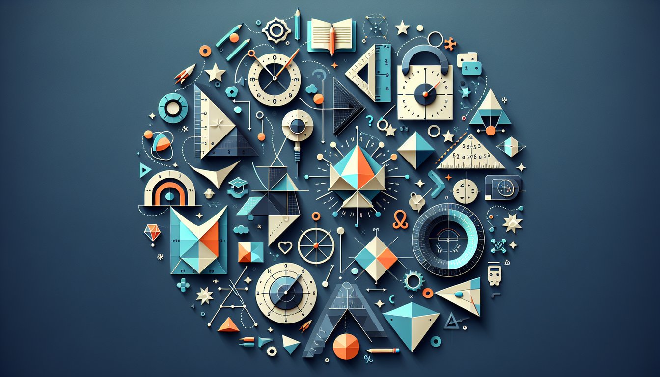 Colorful paper art promoting Geometry Test Blitz, a high school level geometry quiz.