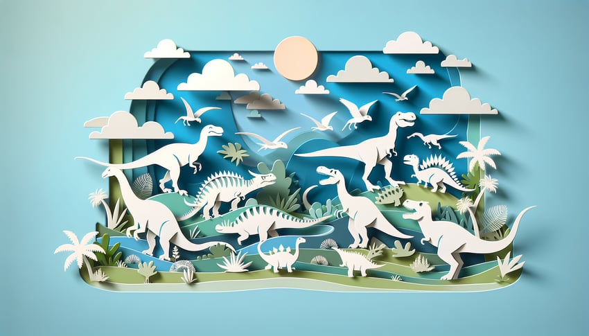 Paper art dinosaurs on sky blue background with quiz prompt to test your prehistoric dino knowledge