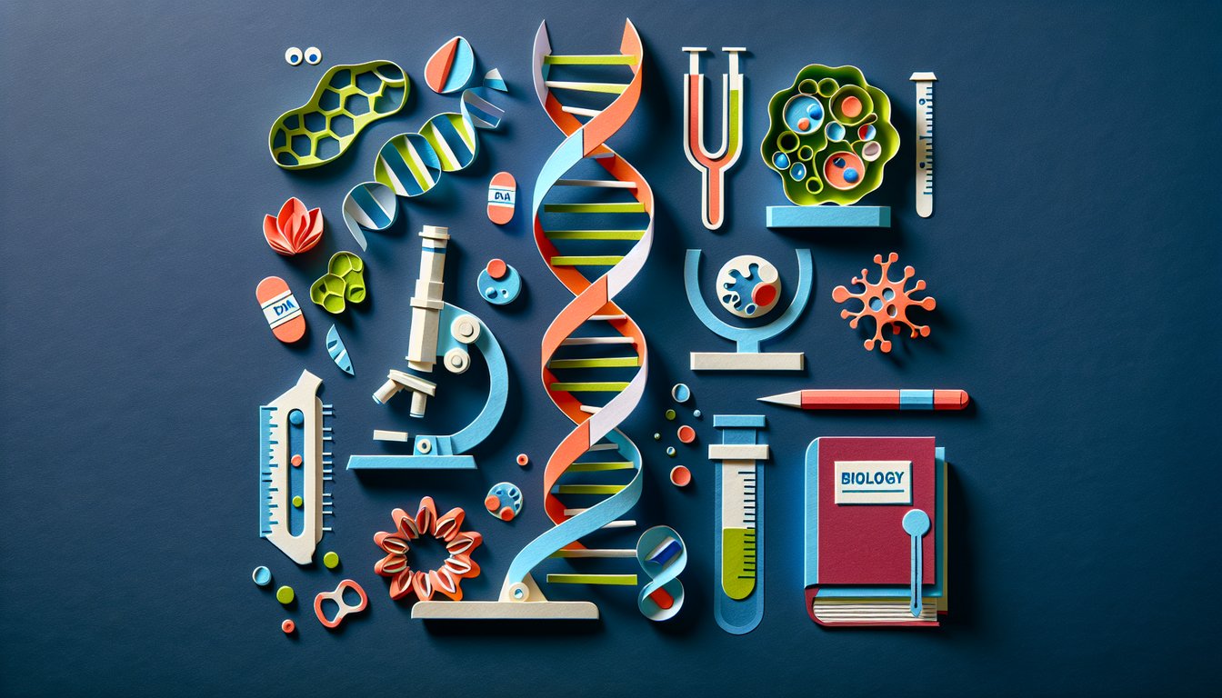Colorful paper art promoting Bio Exam Essentials, a high school biology trivia quiz.