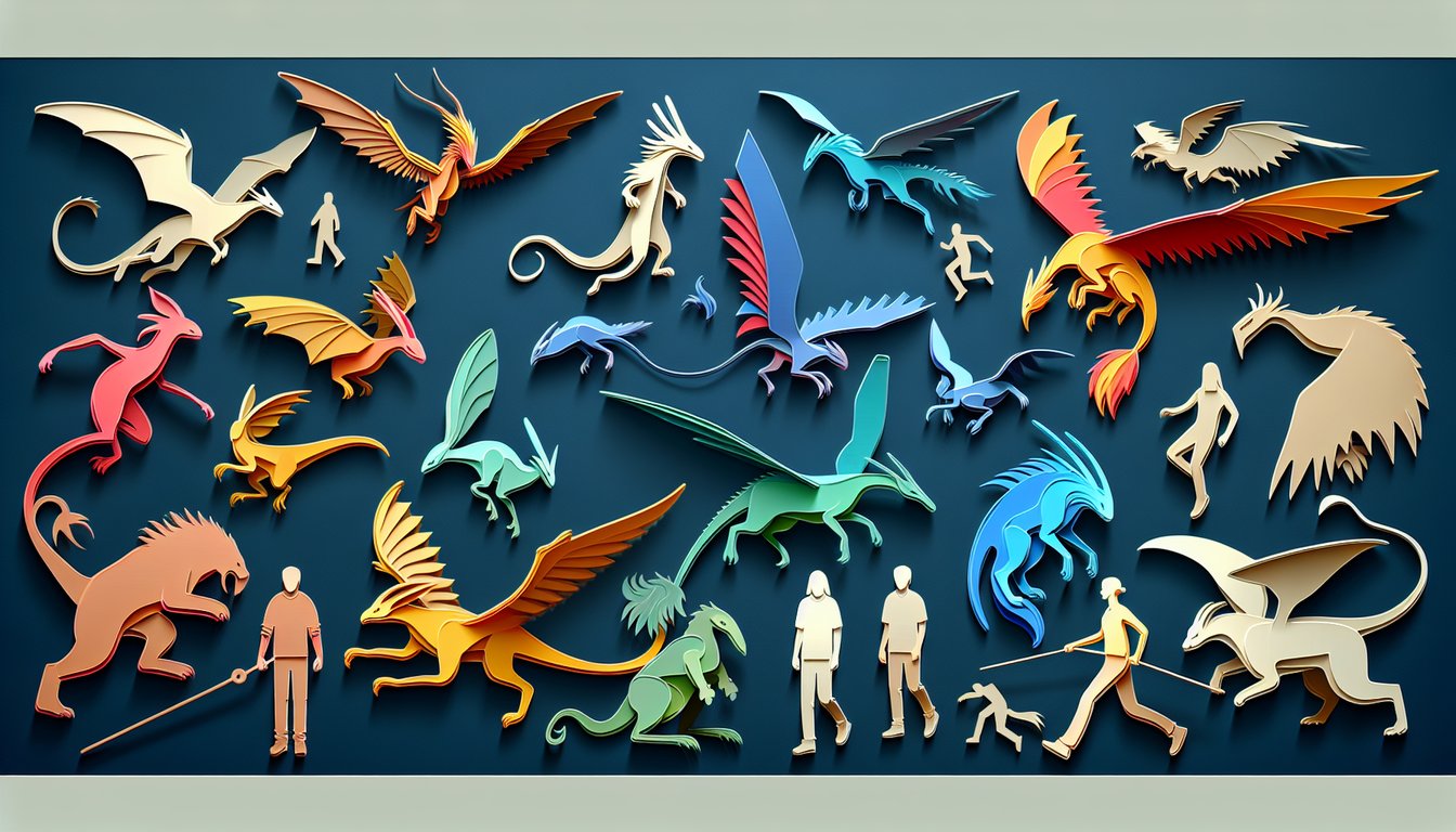 Paper art quiz featuring Pokemon trainer silhouette, Pokeballs, question marks, battle icons on dark blue background.