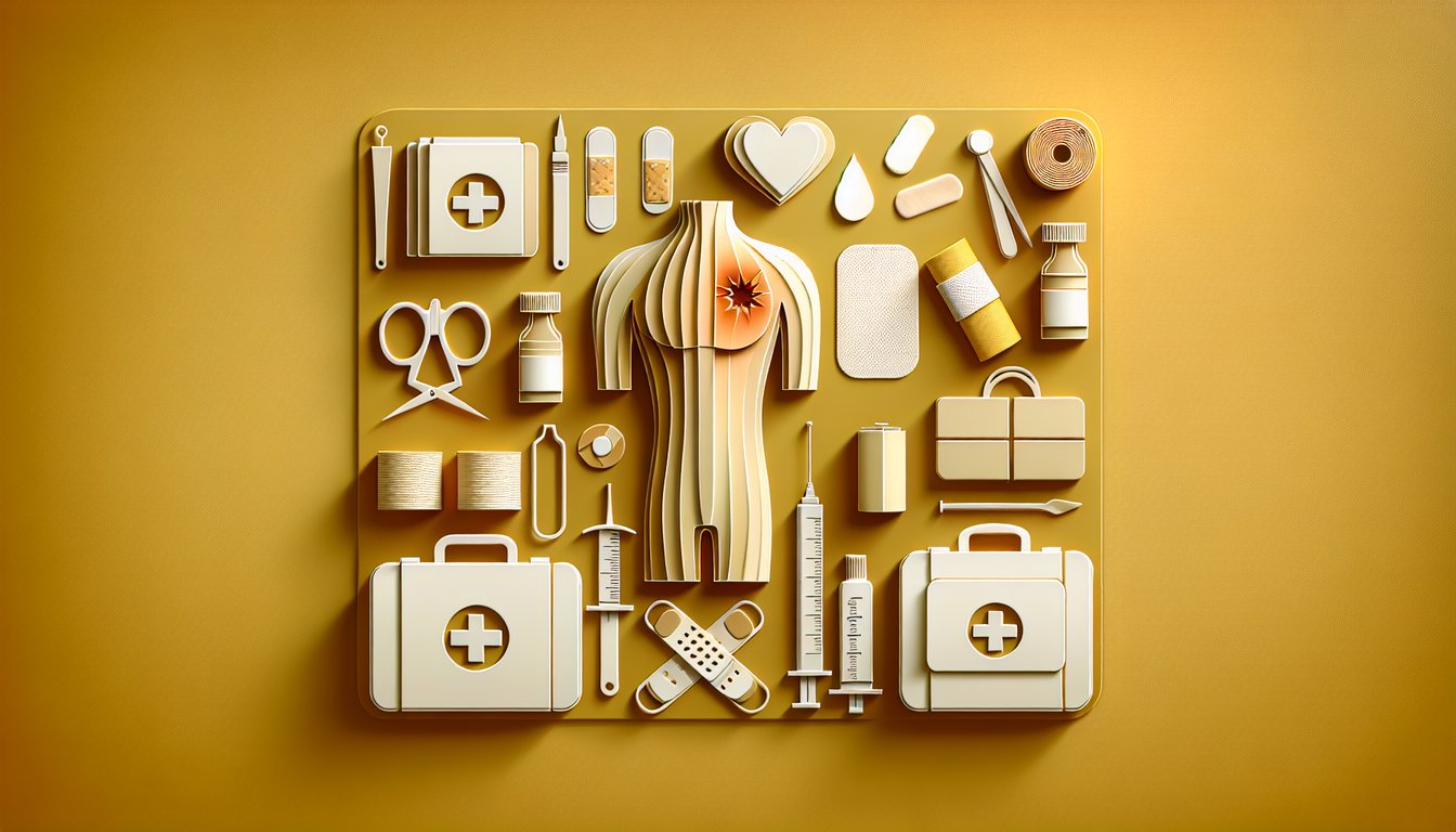 Paper art illustration first aid supplies quiz icons warm compress puncture wound care on golden yellow backdrop