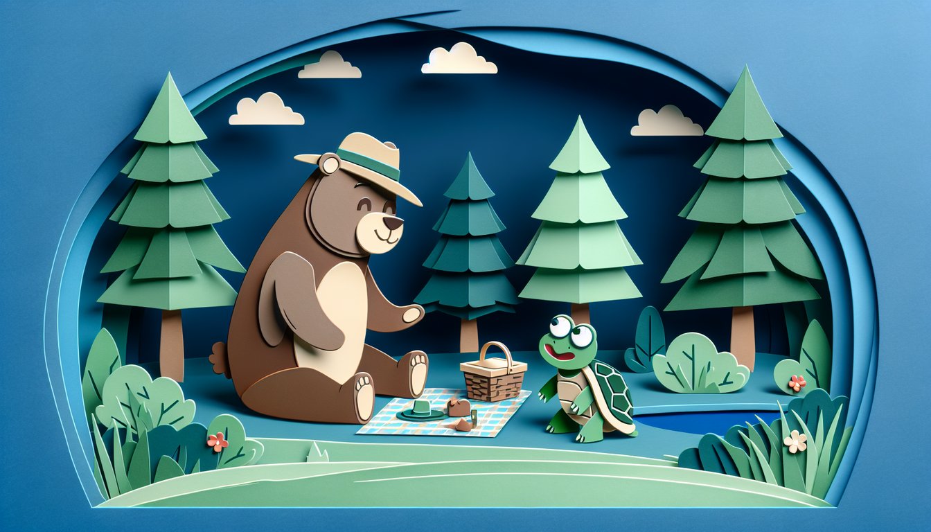 Paper art illustration Yogi Bear holding quiz board with frog mouthed turtle on dark blue background