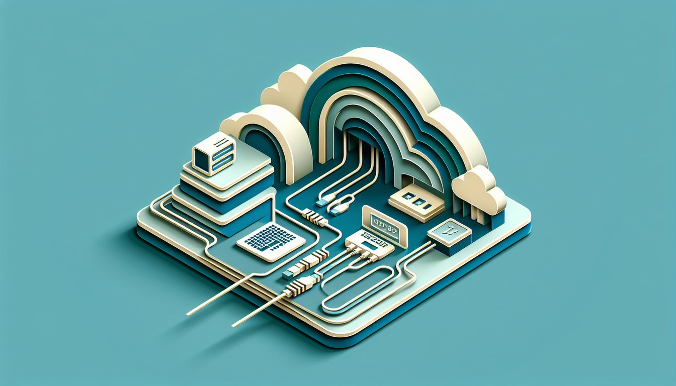 Paper art style illustration of network connectors and circuit motifs on teal background for MAC and Ethernet quiz