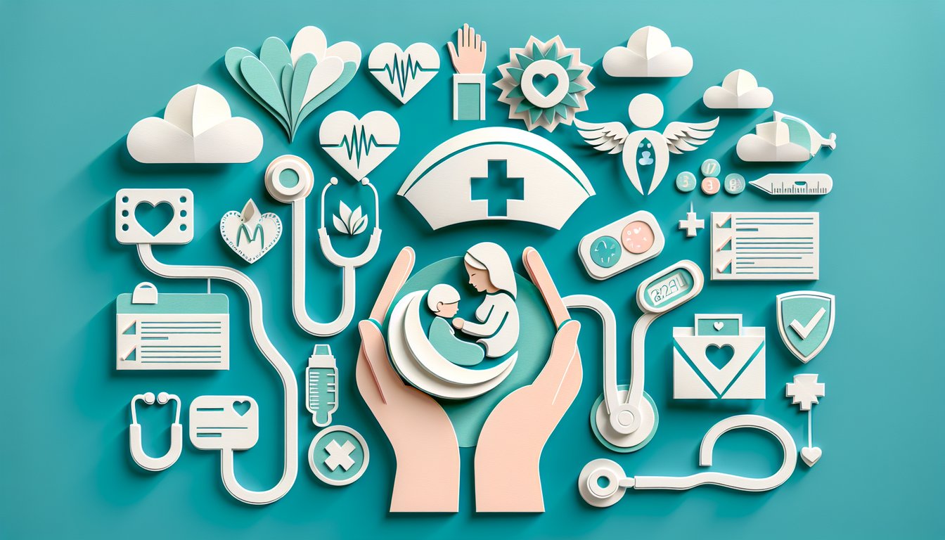 Paper art illustration of nursing mother and baby on teal background with NCLEX quiz cards and milestone icons