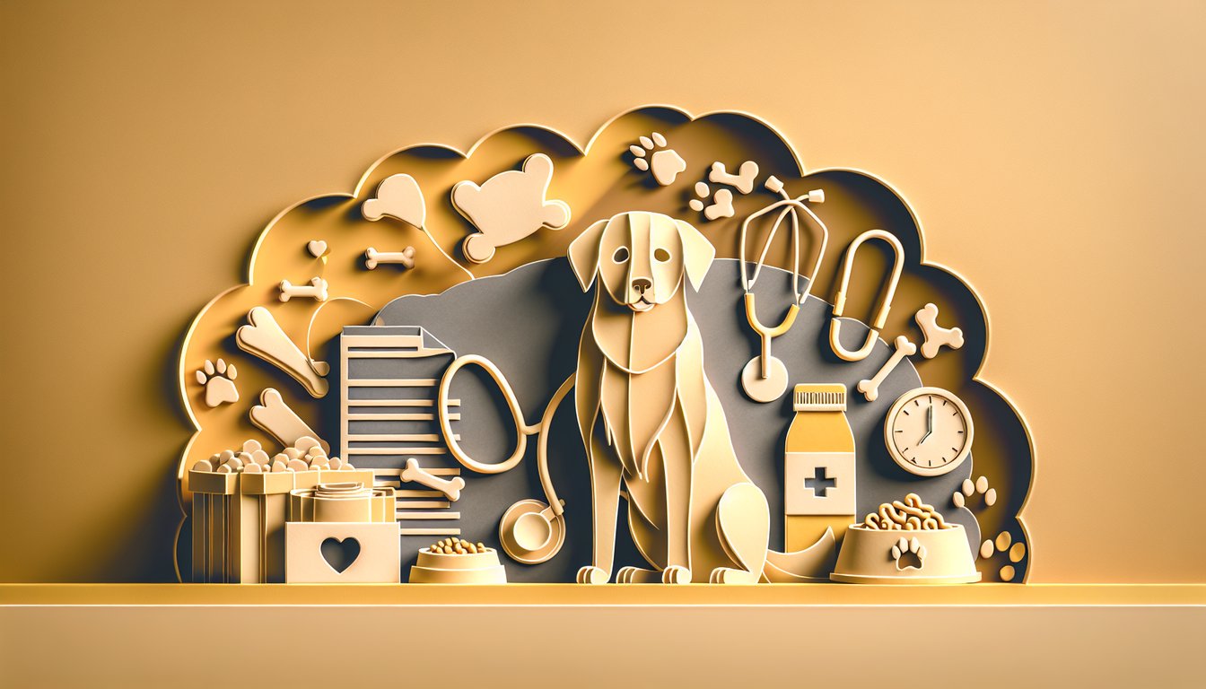 Paper art illustration for dog cancer risk assessment quiz on a golden yellow background