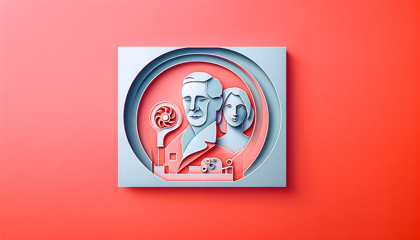paper art portrait of Rudolf Diesel surrounded by stylized gears and engine parts coral background promotional quiz graphic