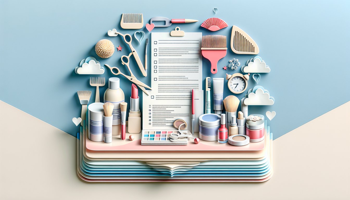 Paper art illustration free Milady Cosmetology Quiz on sky blue background books scissors brushes score tracker exam prep
