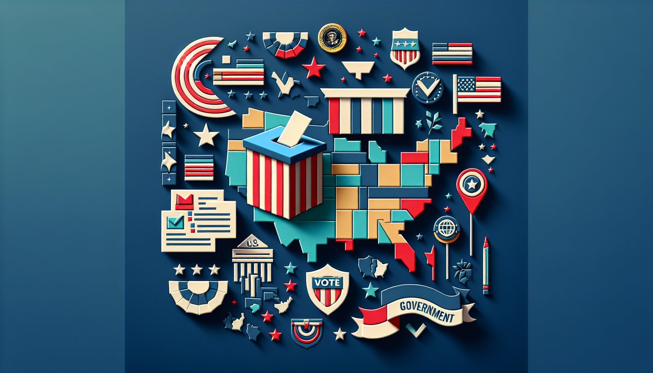 Colorful paper art promoting the Electoral College Challenge quiz for high school students.