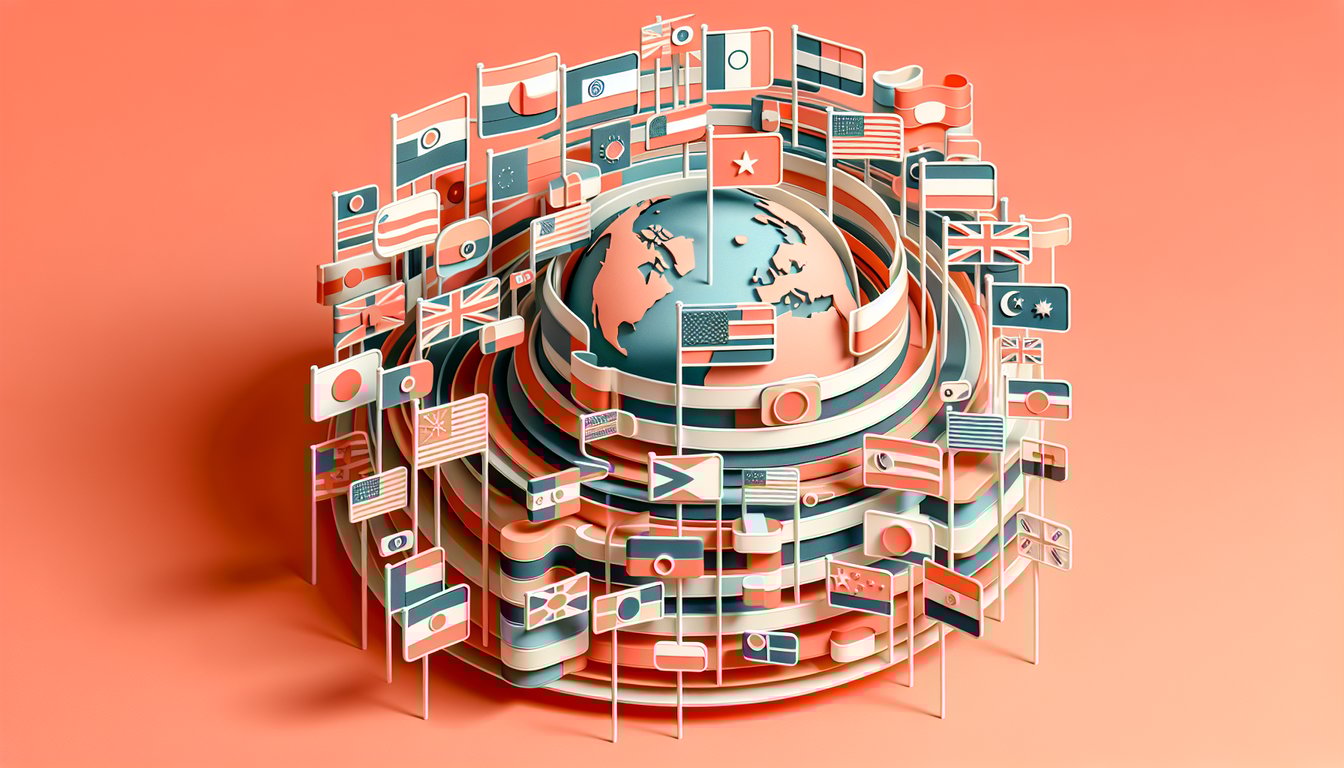 Paper art style collage of colorful country flags on coral background for a flag identification quiz