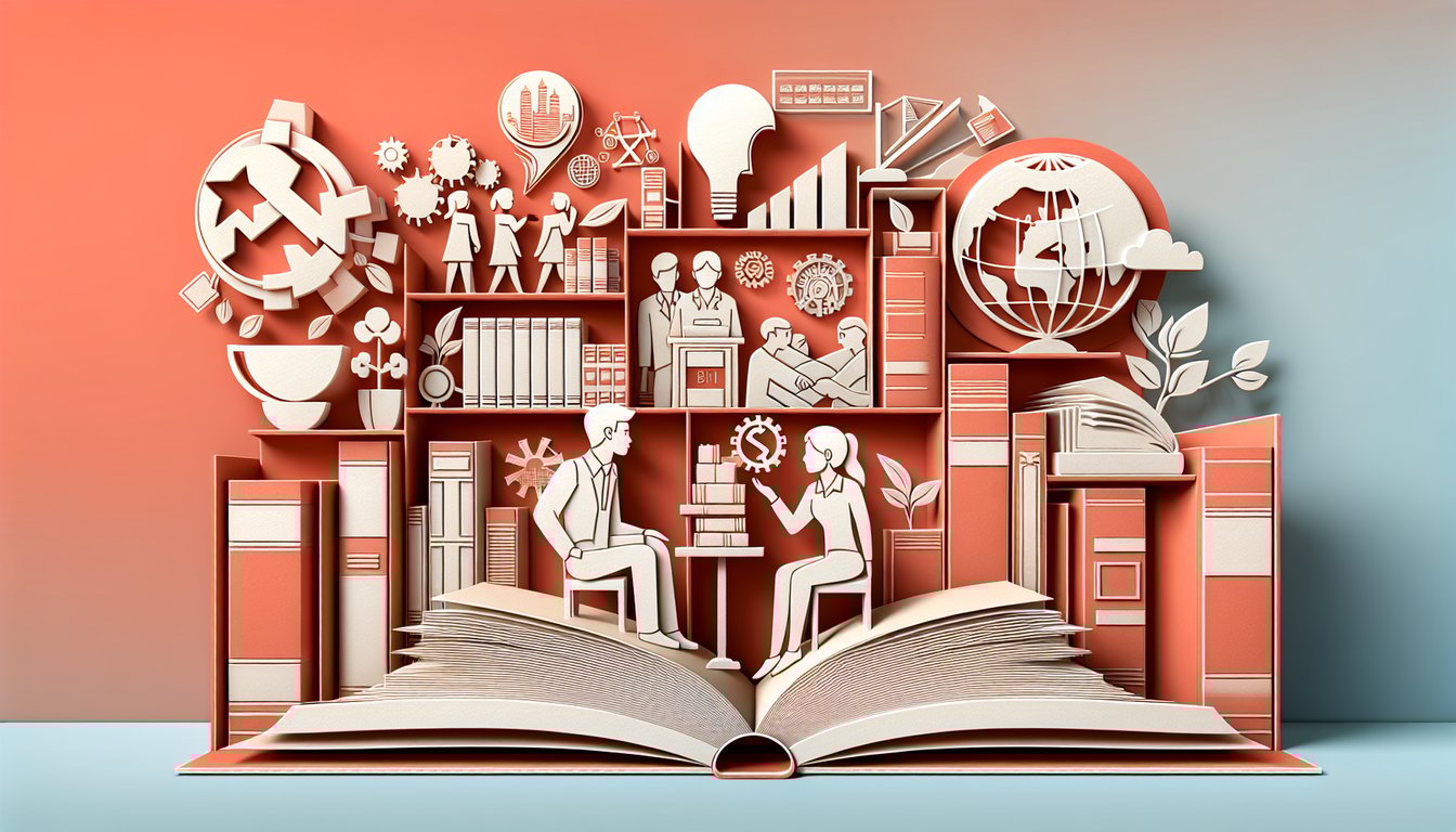 Paper cutout illustration of quiz elements including book, raised fist, chalkboard and question marks on coral background