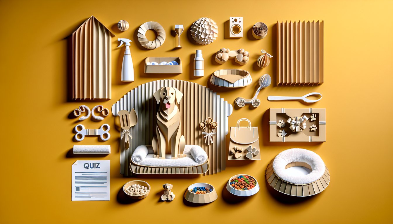 Paper art illustration of a pampered dog surrounded by toys gifts and treats on a golden yellow background