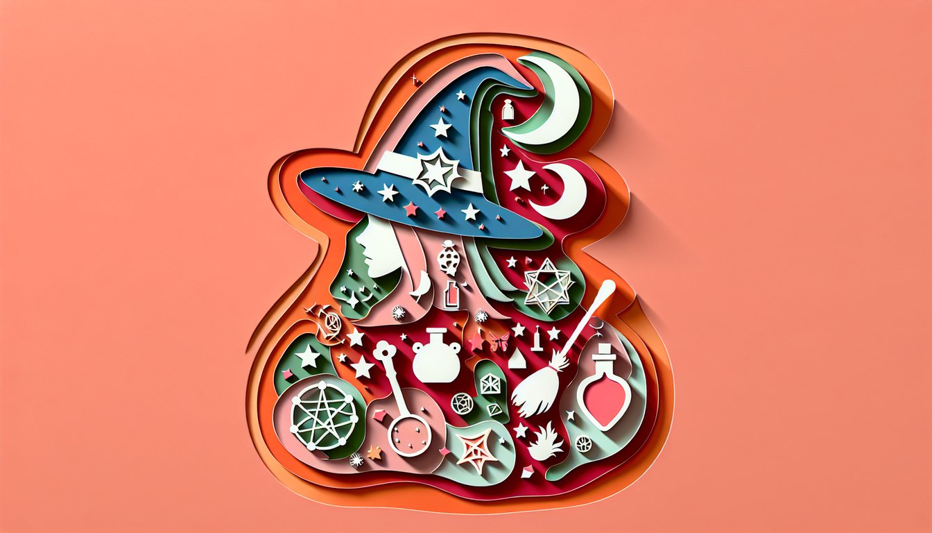 Paper art illustration for a witch-themed personality quiz on a coral background