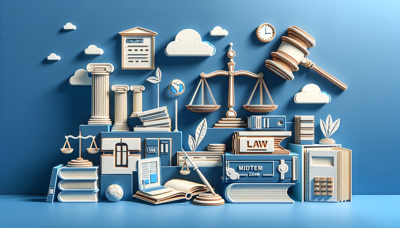 Paper art illustration for a Business Law Midterm Exam Quiz on a sky blue background