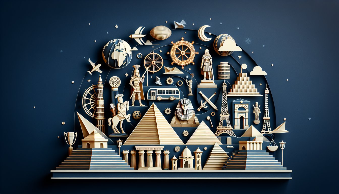 paper cutout world history quiz graphic with globe column building icons on dark blue background