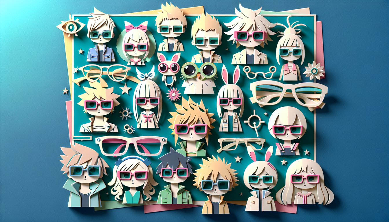 Paper art style layered cutouts of anime glasses and character shapes on teal background for glasses style quiz