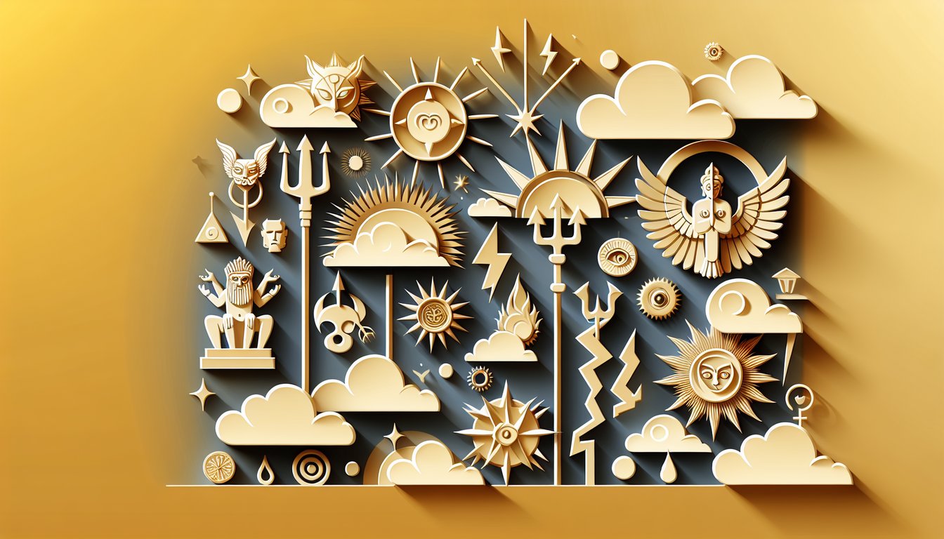 Paper art Greek myth symbols trident lightning bolt laurel wreath temple columns golden background