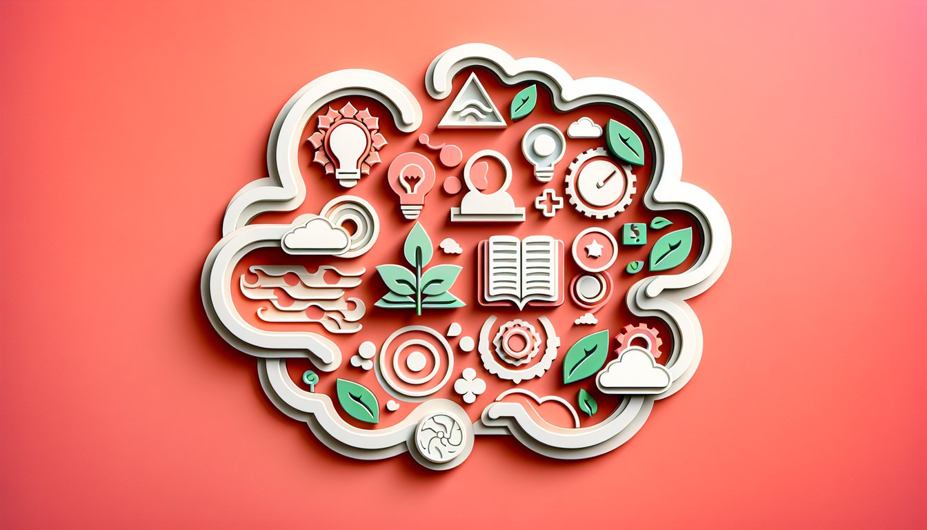 Paper art illustration for a synonyms quiz on a coral background