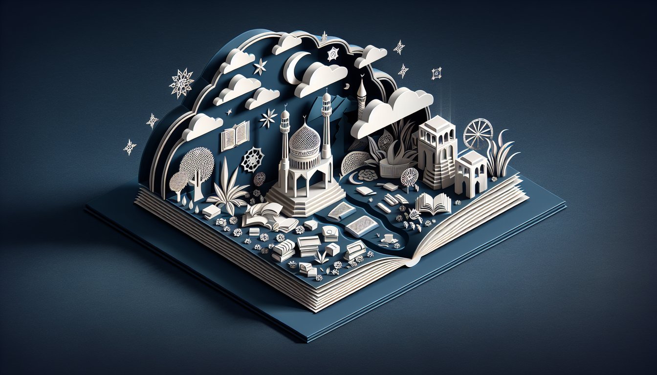 Paper art illustration of a Farsi 101 quiz challenge featuring word cards and phrase icons on dark blue background