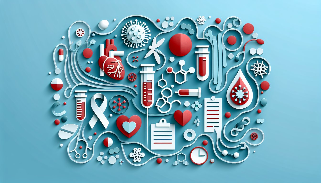 Paper art illustration for hematopoiesis pharmacology quiz on sky blue background