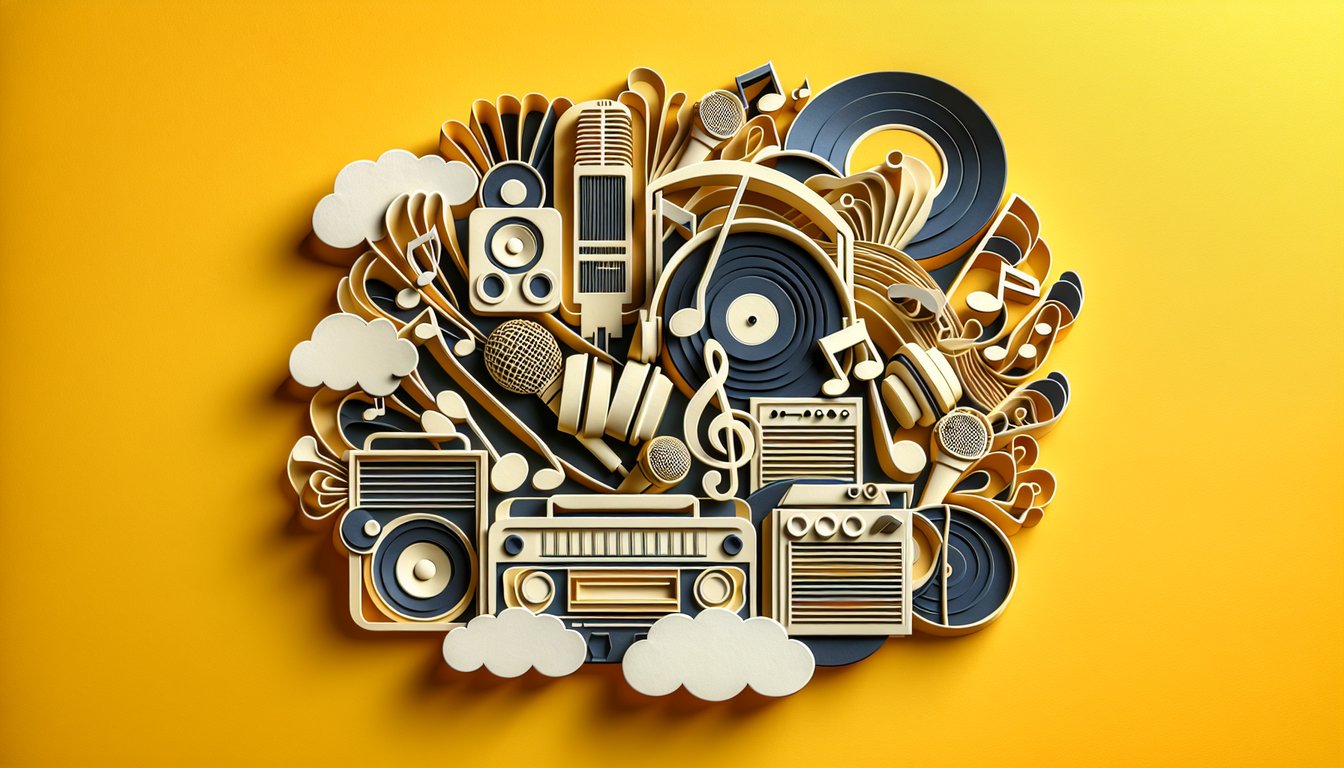 Paper art illustration for music fandom quiz on golden yellow background
