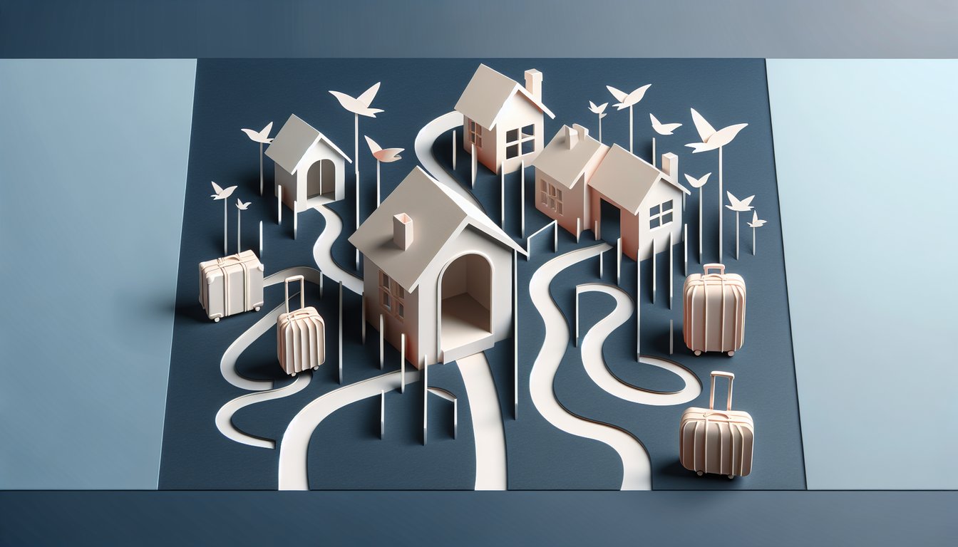 Paper art illustration for a home decision quiz on a dark blue background