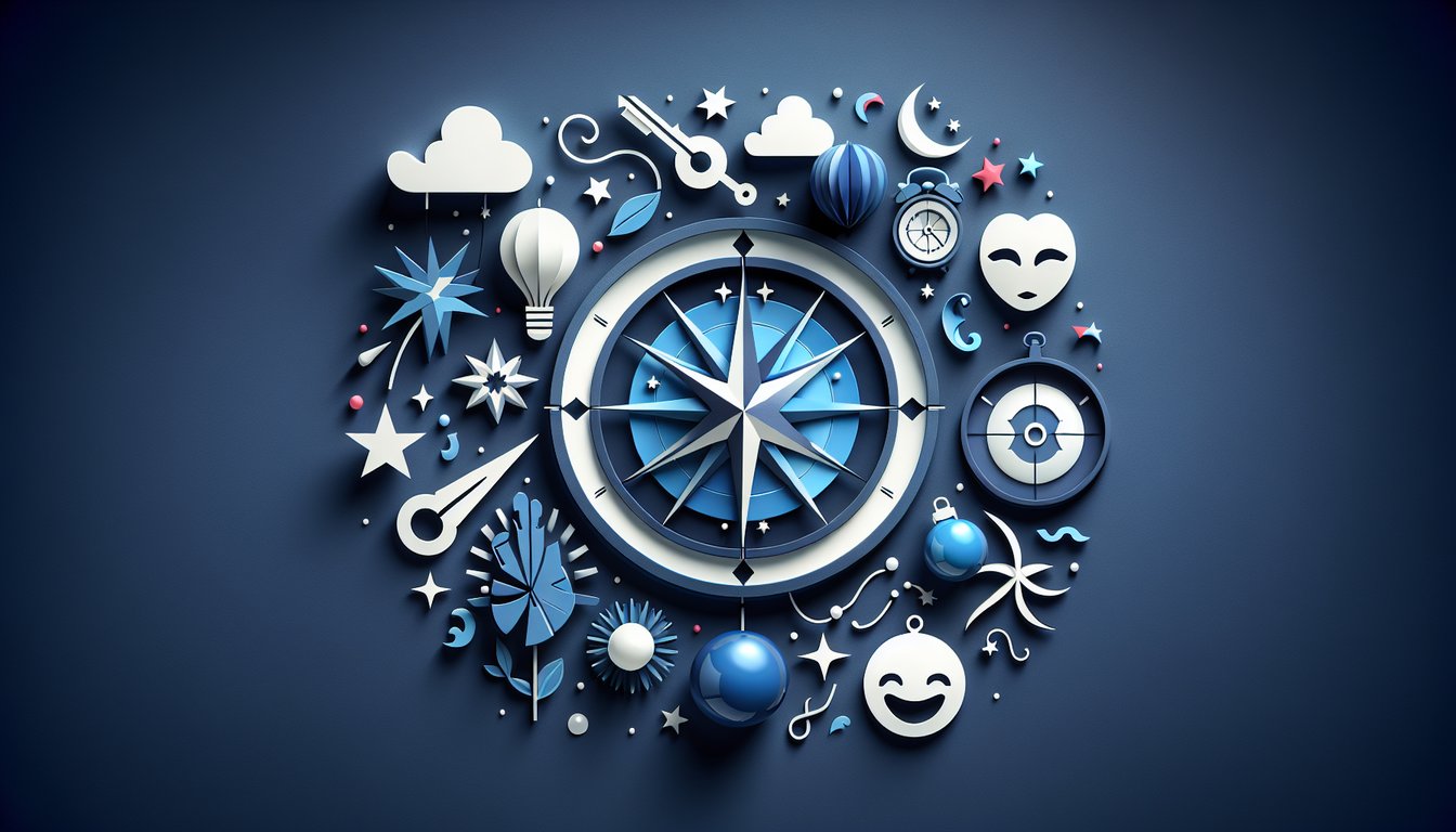 Paper art collage of quiz icons including question mark crystal ball compass stars speech bubbles on dark blue background