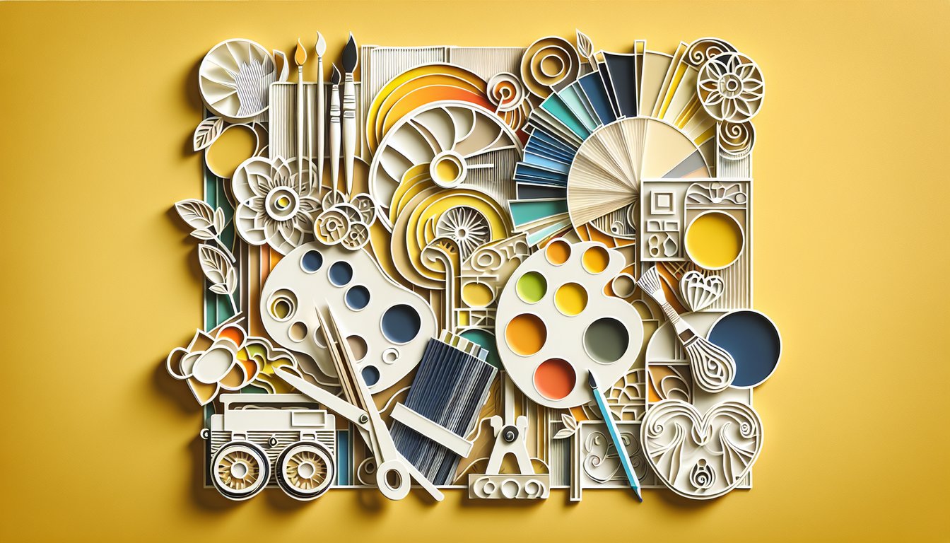 Paper art collage of paintbrush pencil and quiz text for Art Praxis practice test on golden yellow background.