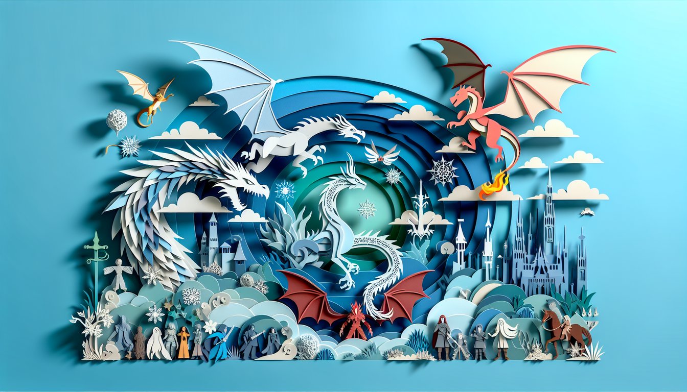 Paper art dragon and book layers over sky blue background with Eragon trivia quiz title and fantasy elements