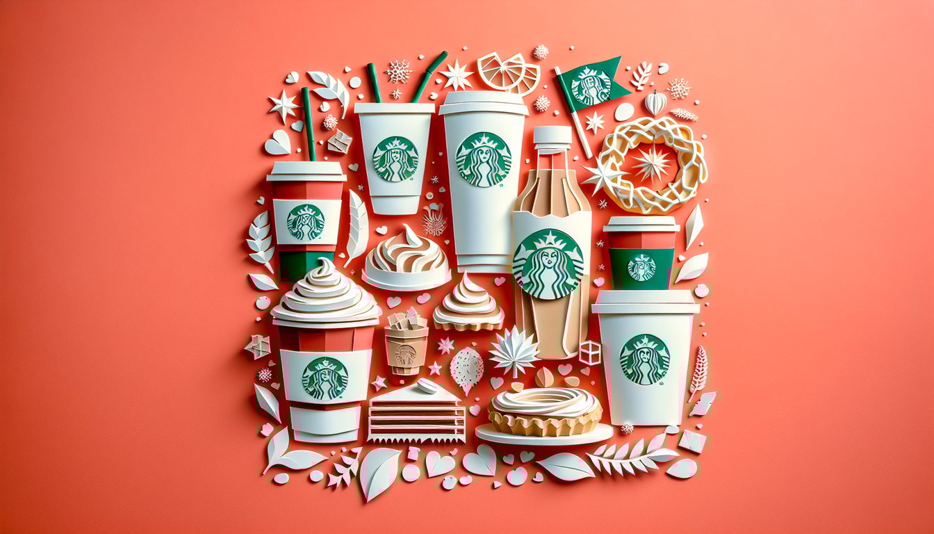 Paper art collage of coffee cups, beans and quiz text on coral background