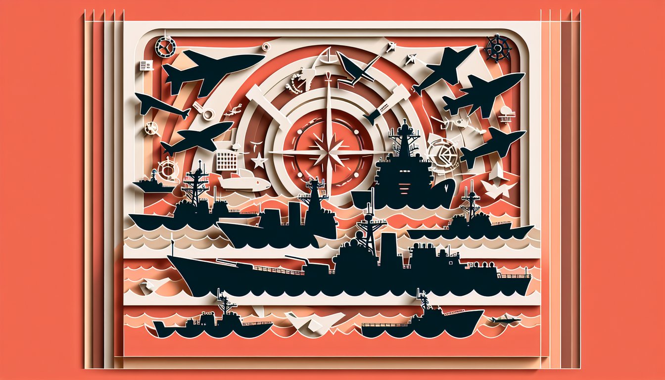 Paper art style US Navy ship silhouettes on coral background with quiz title inviting leadership personality test