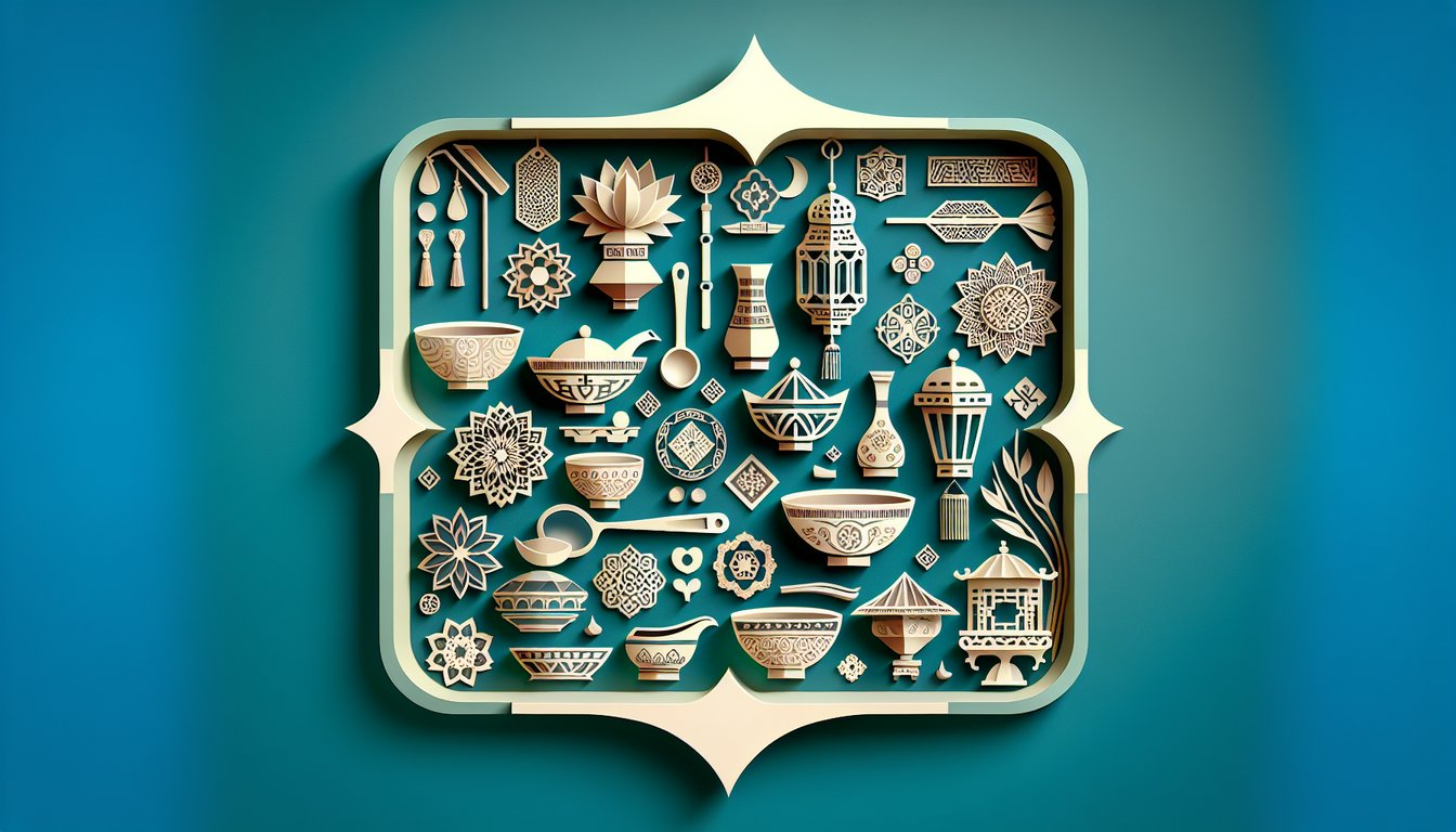 Paper art illustration showcasing Asian culture icons bowl of ramen red lantern cherry blossoms on teal background for quiz