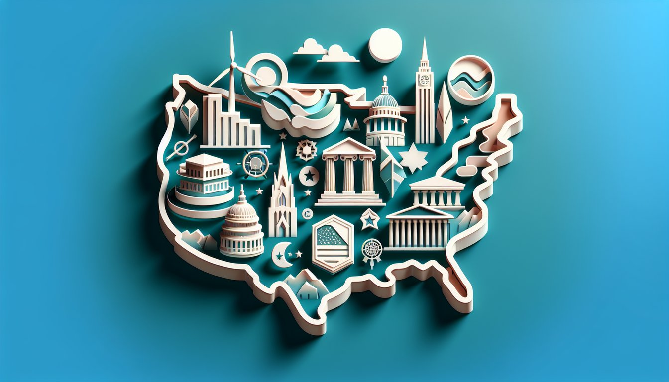 Paper cut map of US with capital city markers quill and clock icons on teal background for 50 states capitals quiz