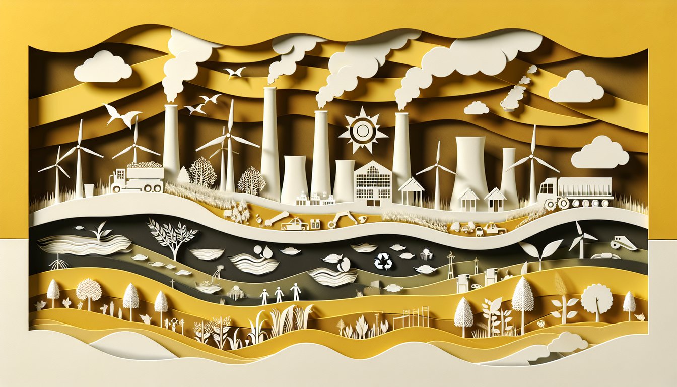 Paper cut factories emitting smoke, littered river, clean nature on golden yellow background pollution quiz