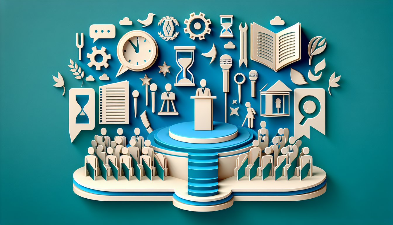 Paper art illustration on teal background with open book speech notes podium icons for special occasion speeches quiz