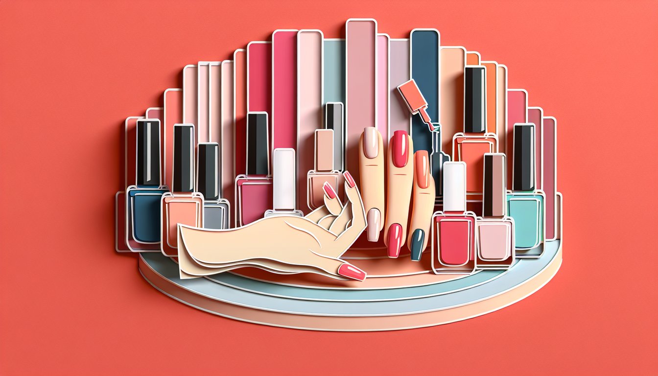 paper art illustration of nail polish bottles and swatches on coral background inviting free nail color quiz