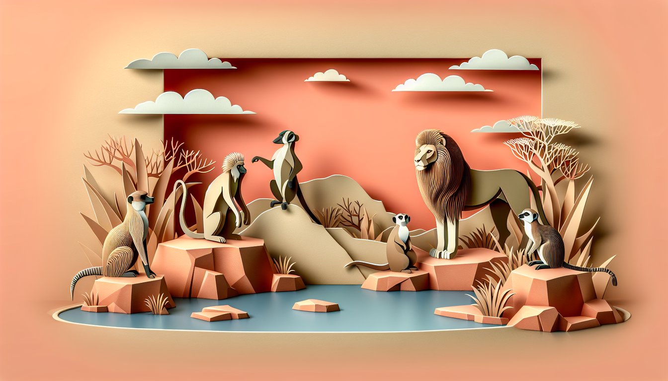 Paper art collage of stylized lion faces and Pride Lands scene on coral background for personality quiz