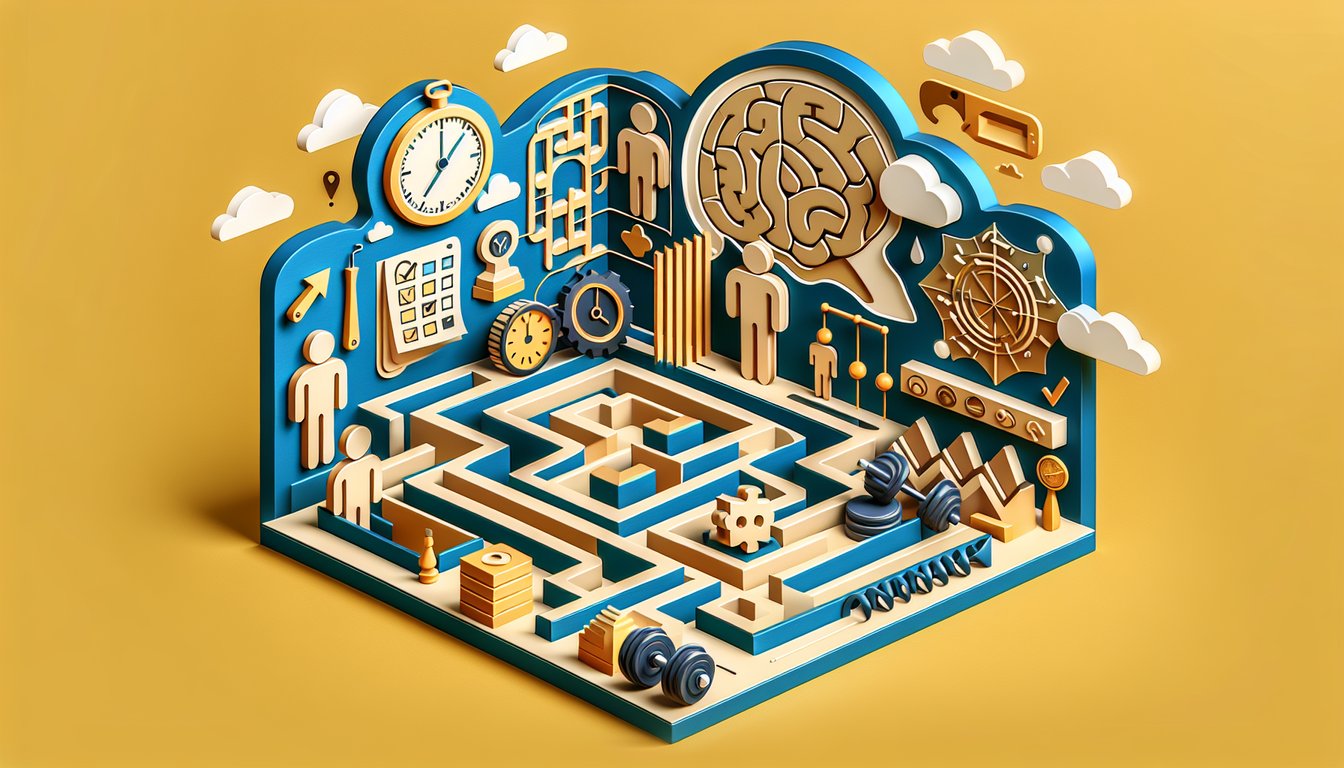 Paper cut style art showing people weighing options, question marks and scenario icons on golden yellow background