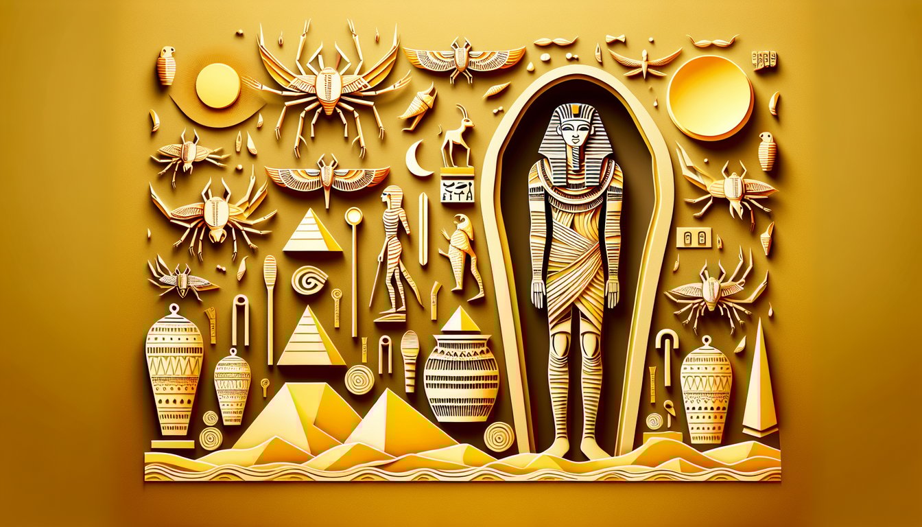 Paper art illustration of Egyptian burial scene with mummy coffin, canopic jars, hieroglyphs on golden yellow background