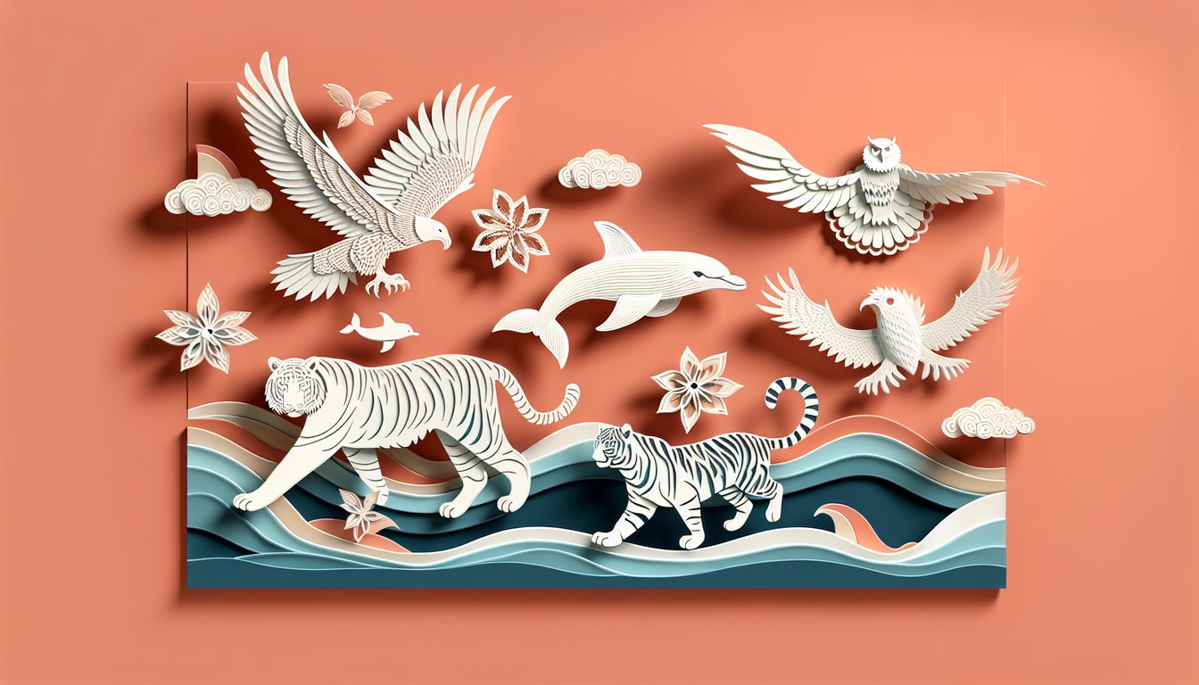 paper art tiger owl wolf and fox silhouettes on coral background for spirit animal quiz