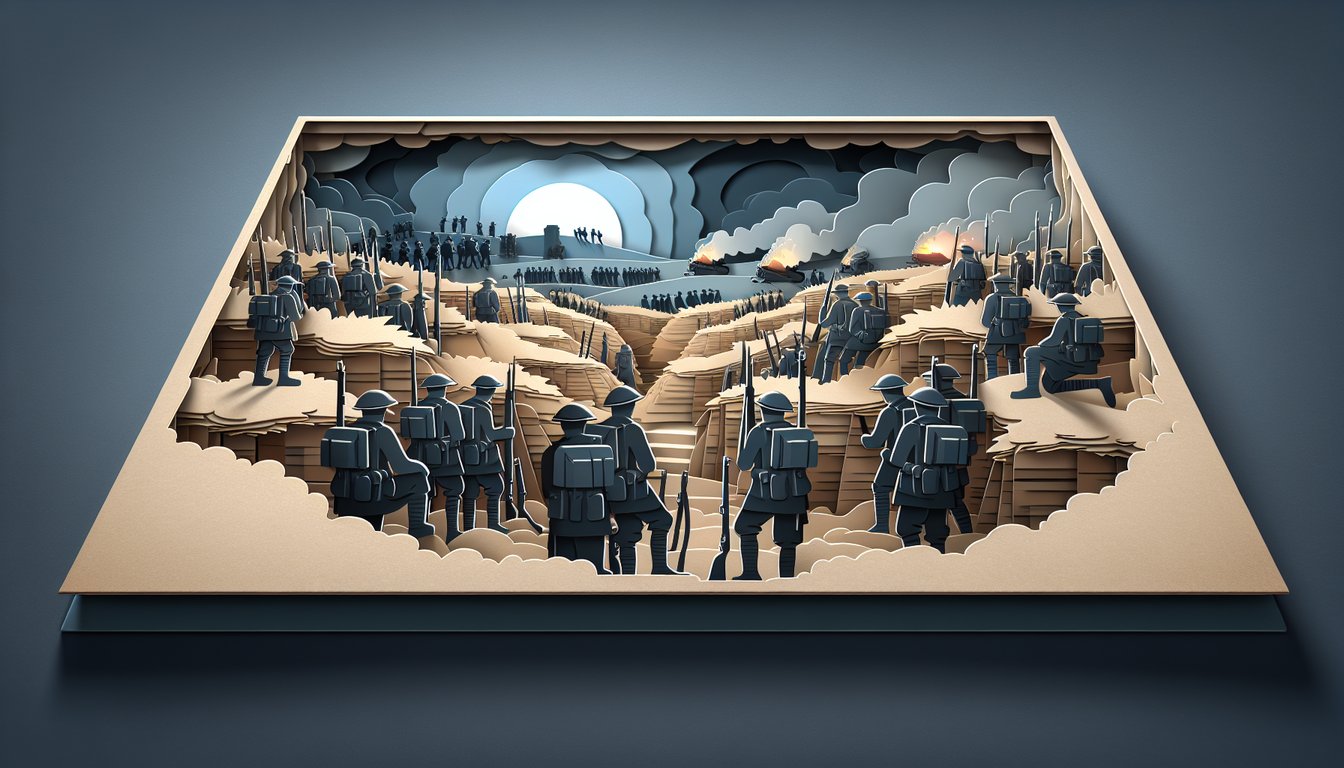 Paper art illustration for free quiz on chapters 4 5 and 6 of All Quiet On The Western Front on dark blue background.